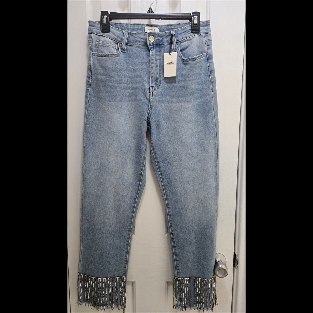 Forever 21 Denim Cropped Jeans Beaded Fringe Hem Blue Women's Size 28